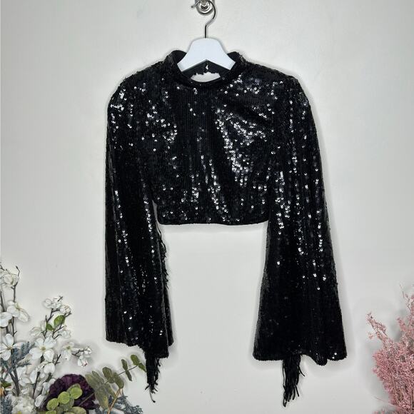 ASOS LUXE Sequin Fringe Bell Sleeve Top Open Back Black {LL1} - Picture 5 of 8